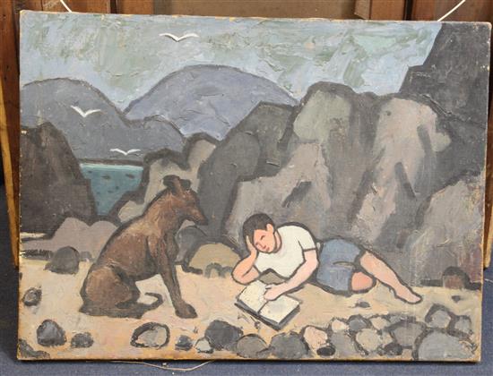 § Sir Kyffin Williams RA KBE (1918-2006) The artists cousin as a boy reading on a beach, a dog seated beside him 20 x 27in., unframed